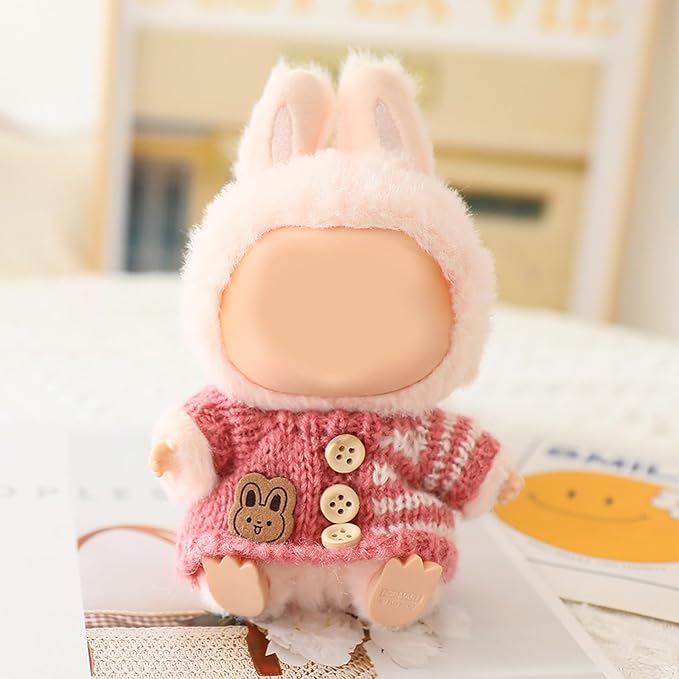 Clothes for LABUBU Doll (NO Doll), Handcrafted Crochet 3-Piece Accessories for LABUBU 17cm Dolls, Premium Outfit - Bunny Sweater + Hat + Bag, Cute Clothes for Dress up Unique Style (Pink)