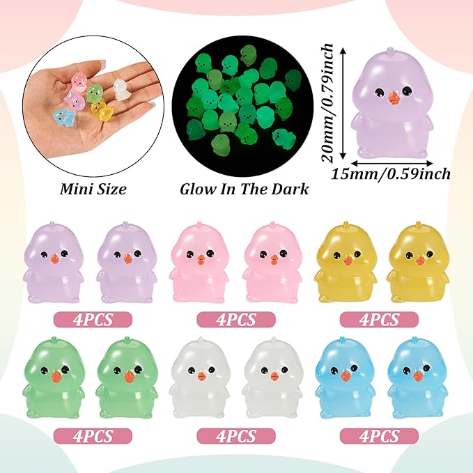 Beadthoven 24pcs Luminous Mini Resin Glow in The Dark Chick Animals Dollhouse Figurines Assorted Colorful Cute Cabochons Small Glowing Figure DIY Charms Garden Craft Landscape Ornaments