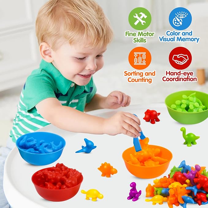 Counting Dinosaurs Toys Matching Game with Sorting Bowls Preschool Learning Activities Montessori Sensory Toys for Math Color Sorting, Party Favors Birthday New Year Gifts for Toddlers