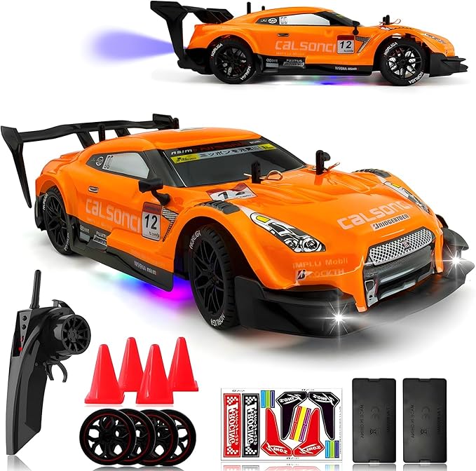 1:16 Spray RC Drift Car for Kids 4WD 2.4GHz 40KM/H High Speed Remote Control Car with LED Lights Drifting Tires & 2 Batteries, Racing Sport Toy for Boys Girls (Orange)