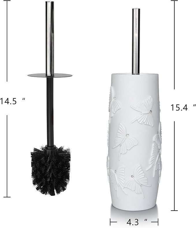 Indecor Home White Butterfly with Rhinestone Design Resin Toilet Holder and Brush Set, Elegant Bathroom Cleaning Tool with Durable Bristles, Compact and Stylish