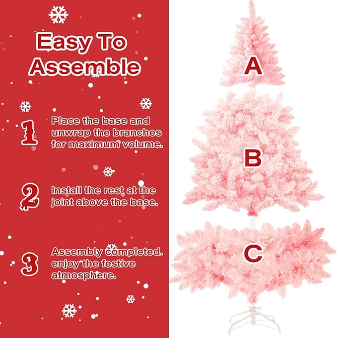 Incbruce 6ft Artificial Christmas Tree, Xmas Tree with 1,000 Branch Tips, Flocked Christmas Tree with Metal Stable Stand Base for Indoor and Outdoor Holiday Decoration(Pink)