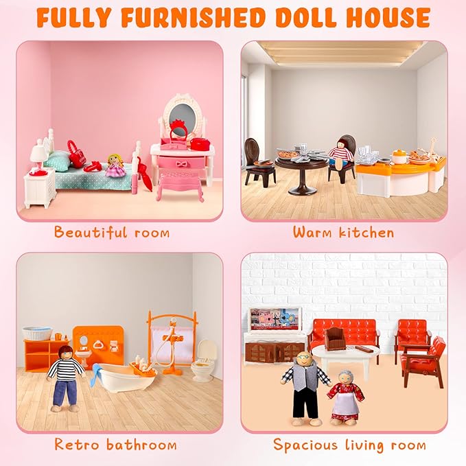 HyDren 83 Pcs Wooden Dollhouse Furniture Set with 8 Dolls Flexible Family Dolls and Fully Furnished Kitchen Living Room Bathroom Bedroom Dining Room Role Play Toys Birthday Gift for Girl Boy