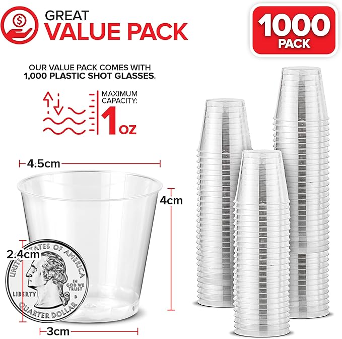 Stock Your Home 1,000 Mini Plastic Shot Glasses (1oz) Clear Disposable Cups for Jello Shots, Wine Tasting, Liquor, Whiskey, Pudding, Sample Cup for Halloween and Elegant Parties