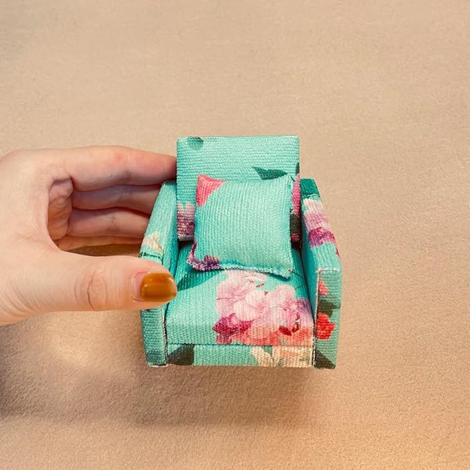 Funky Mini House Miniature Dollhouse Armchair 1:12 Scale Dollhouse Corduroy Armchair+Pillow - Green Floral Armchair & Matching Cushion Set for Dollhouse Decor Ideal Birthday (Green)