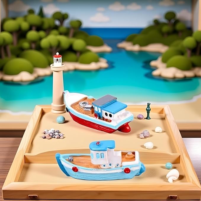2 Pcs Colorful Miniature Dollhouse Boat Mini Fishing Boat Model Mediterranean Decor Resin Desktop Boat Ornament Ocean Beach Micro Landscape Decoration Dollhouse Accessories