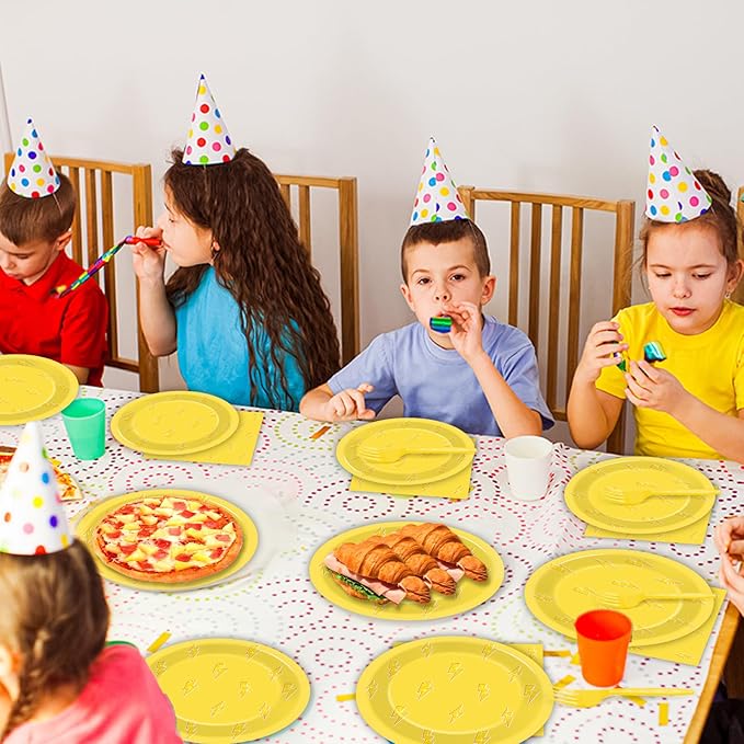 96PCS Lightning Bolt Birthday Party Decorations Lightning Paper Plates Napkins Yellow Cartoon Tableware Flash Weather Dinnerware Supplies for Birthday Baby Shower Wedding Party Favors Serve 24 Guests
