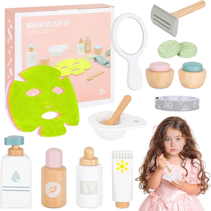 OEUVI Wooden Makeup Toy Set,Pretend Beauty Play Toys,Skin Care Learning Preschool Toys for Toddler, Salon Toys Beauty Fake Makeup Kit with Facial Mask for Girls 3 4 5 6 7+ Year Old Girls.
