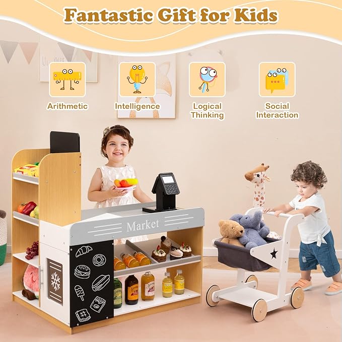 Costzon Kids Grocery Store Playset, Wooden Play Store w/Shopping Cart, Chalkboards, Refrigerator & Display Shelves, Grocery Store Pretend Play for Boys Girls 3+ Years Old