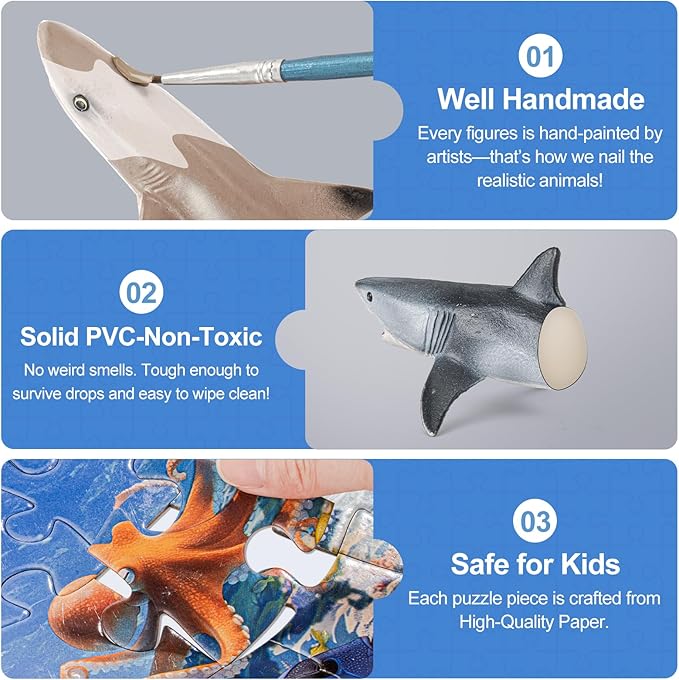 Shark Toys for Kids, 10PCS 5-8" Realistic Shark Figurines & 67PCS 20'' Large Sea Ocean Animals Jigsaw Puzzles Toys for Kids Ages 4-6, Birthday Party Favors & Gifts for Toddlers Boys Girls