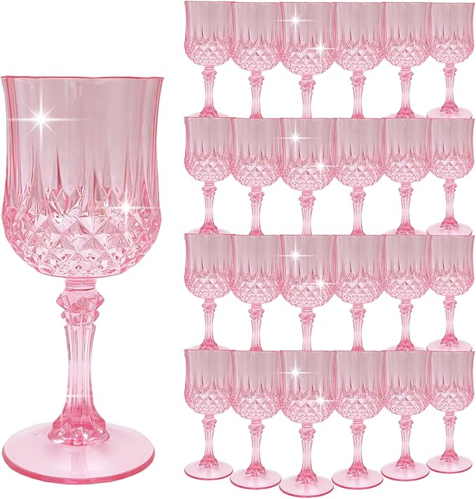 LEYIQU Plastic Wine Glasses, Plastic Goblets Vintage Style Cordial Drinking Glasses for Valentine’s Day, Wedding Reception, Grand Event Party Supplies (24, Pink)