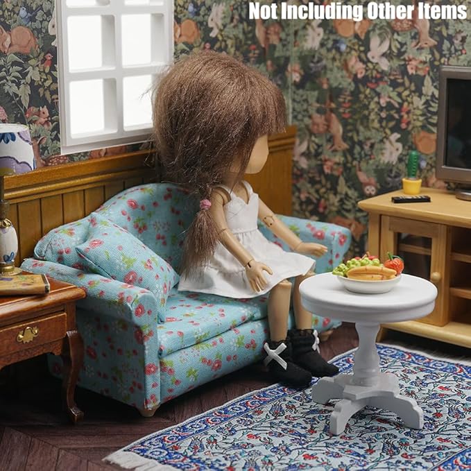 Odoria Dollhouse Couch Miniature Loveseat - 1/12 Scale Upholstered Sofa with Pillow Country Rustic for Living Room - Mini Settee Recliner Reading Furniture - Tiny Chaise Lounge Wood Floral Blue
