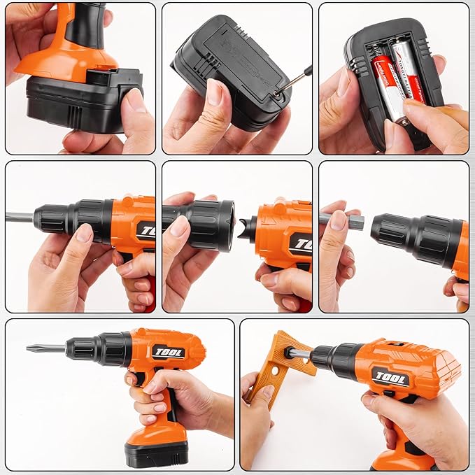 PANPAPA Kids Power Drill and Screw Set,Toy Electric Drill with 3 Interchangeable Drill Bits Sound and Motion,Pretend Play Construction Kids Tool Set Outdoor Preschool Gardening Lawn Toy Gifts（Orange）