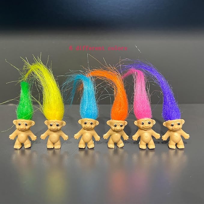 12pcs Long-haired Mini Troll Dolls, Assorted Hair Colors, 0.78" Bodies, 2" Hair. Cake Toppers, Action Figures, School Project, Arts and Crafts, Party Favors