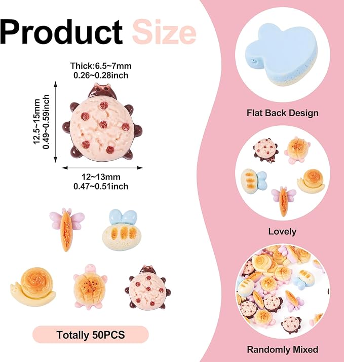 50Pcs Mini Resin Breads for Dollhouse Animal Shaped Food Cabochons Turtle Ladybug Snail Bee Dragonfly Mini Food Accessories for Micro Kitchen Garden Landscape Decoration