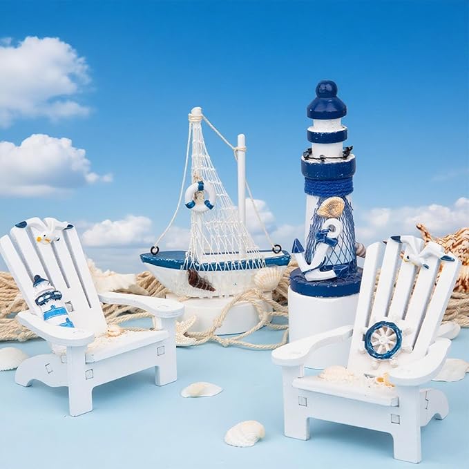JQAQJU 4" Wooden Beach Chair Lighthouse Sailboat, 4pcs Mini Nautical Home Decoration & Beach Ocean Ornament for Summer Bathroom Bedroom Kitchen