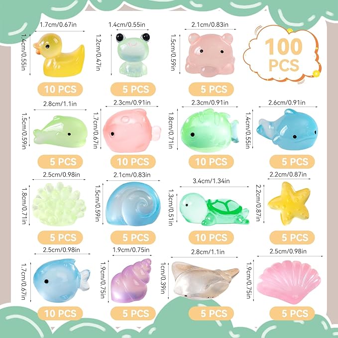 100Pcs Luminous Mini Resin 15 Styles Tiny Animals Sea Animals Figurines Glow in The Dark Miniature Animals for DIY Fish Tank Potted Micro Dollhouse Landscape Aquarium Decorations