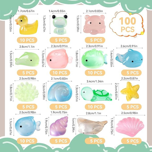 100Pcs Luminous Mini Resin 15 Styles Tiny Animals Sea Animals Figurines Glow in The Dark Miniature Animals for DIY Fish Tank Potted Micro Dollhouse Landscape Aquarium Decorations