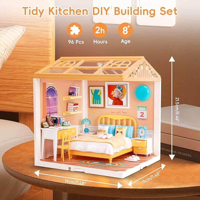 Hallisun LED Building Blocks for Adults, 1:24 DIY Miniature Dollhouse Kits with Roof & Dustproof Cover, Tiny House Toy Building Sets for Kids Ages 8-12-15, Birthday Hobbies Gift for Men Women Boy Girl