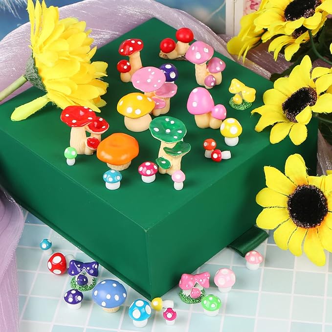 65 Pieces Mini Mushrooms Figurines Colorful Tiny Resin Mushroom Decor for Fairy Graden Craft Fake Mushrooms Moss Landscape DIY Terrarium Cake Topper Party Decoration Home Decor