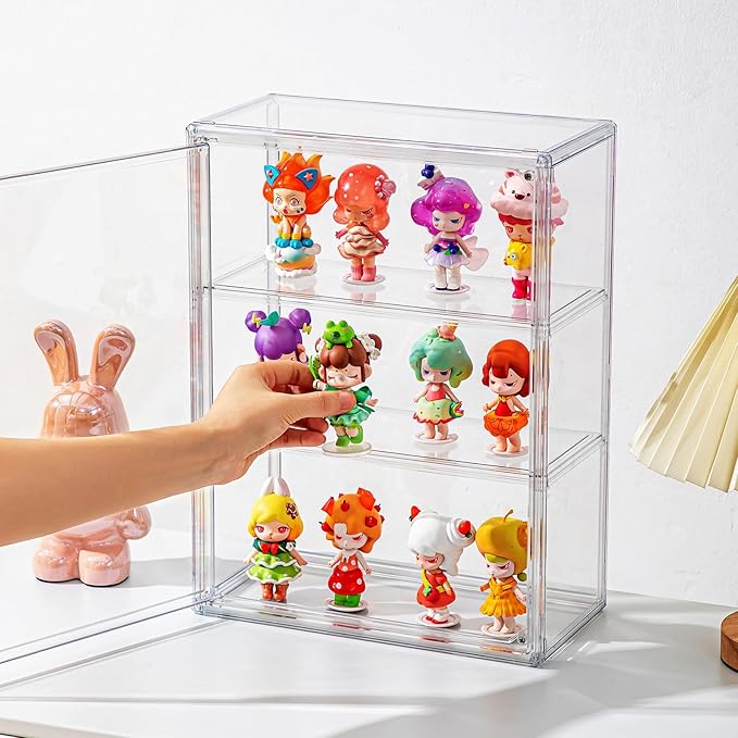 Clear Display Case for Figures with Magnetic Door, Acrylic Display Cases for Collectibles, 3Tiers Acrylic Storage Organizers Box, Desktop or Wall-Mounted Showcase for Collectibles Action Figure (1)