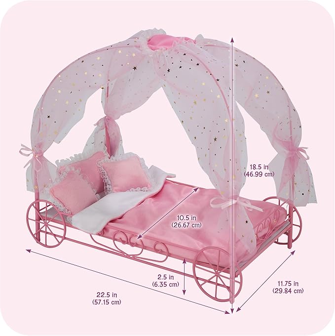 Badger Basket Elegant Royal Carriage Bed for 18-Inch Dolls with Canopy, Bedding, and LED Lights - Pink and White Stars