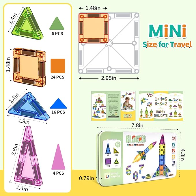 50PCS Mini Magnetic Tiles Travel Set, Magnetic Blocks Building Toys for Kids, Portable STEM Travel Toys for Toddlers, Boys & Girls Birthday Xmas Gifts