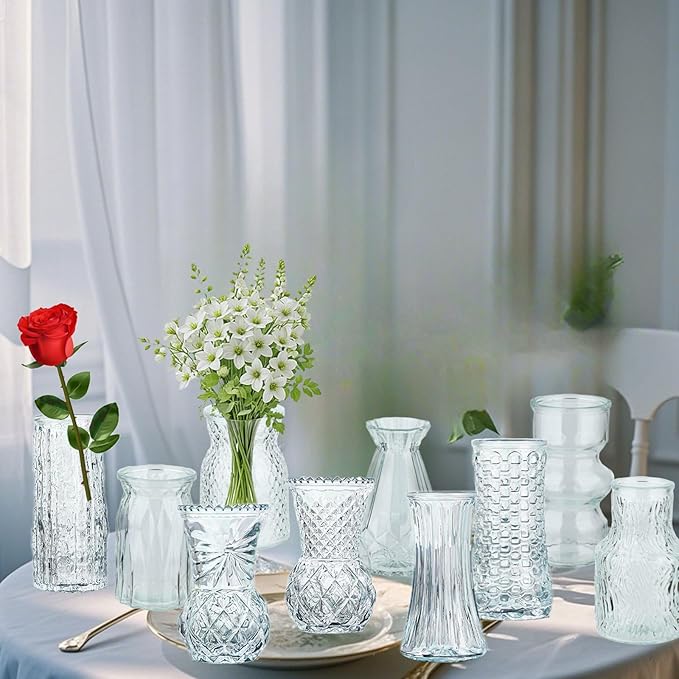 Glass Bud Vase Set of 10: Eylkoi Clear Vases for Centerpieces Decorative, Vintage Embossed in Bulk Crystal Textured Cute, Wedding Decor Mini Flower Floral Vase for Rustic Wedding, Home Table, Party