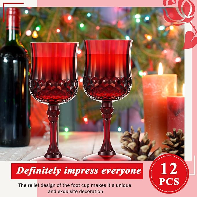 Pinkunn 12 Pcs 7 oz Plastic Vintage Wine Glasses Reusable Colored Goblets Patterned Drinking Water Glasses Cup Dishwasher Safe for Valentine's Day Wedding Reception Party Supplies (Red)