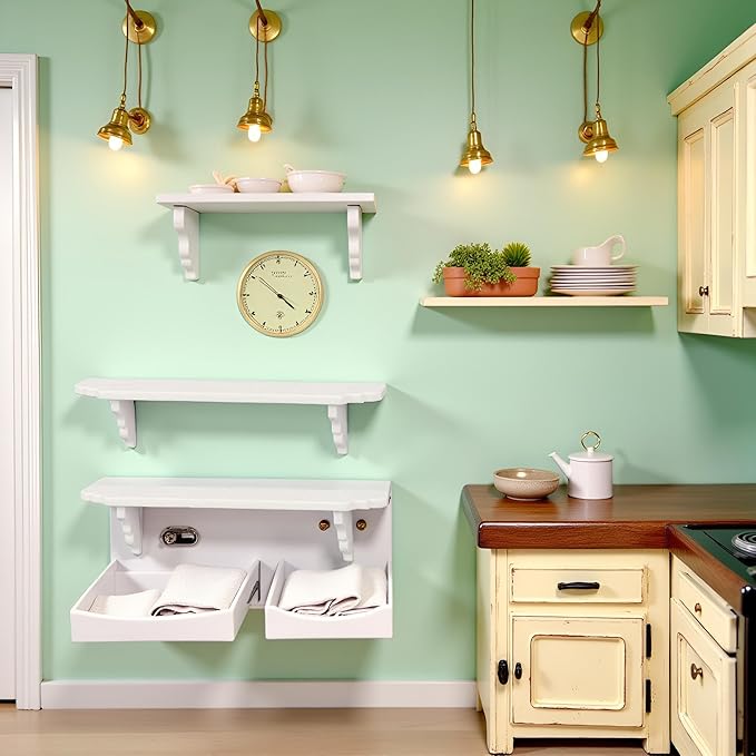 2Pcs White Dollhouse Wall Shelf,1:12 Scale Miniature Dollhouse Decor Accessories,Doll House Storage Wall Shelf for Kitchen Scene DIY Craft Ornament Lightweight Decorative