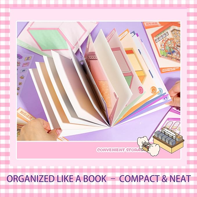DIY Miniature 3D Sticker Book – 6 Scene Backgrounds with PET Stickers, Tweezers & Guide | Cute Isometric Room Decor Craft for Adults & Kids Stress Relief