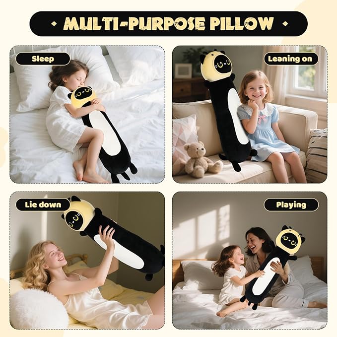 22 inch Bee Black Cat Long Plush Body Pillow Toy, Kitten Plushies with Stuffy Honeybee Oufit Big Stuffed Animals Gfit for Kids Boys Girls, Birthday, Halloween, Christmas