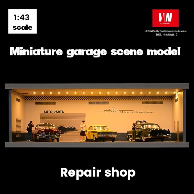1/43 Diorama Display Case with Tri-Colour Dimmable Lighting, Fits for Hot Wheel Matchbox Mini GT Diecast Cars Model,1:43 Car Garage Parking Lot Scene Display Storage (Repair Shop)