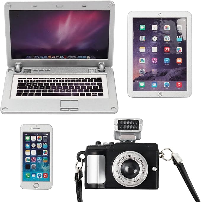 4 Pcs Miniature Laptop Computer Tablet Phone Camera Simulation Accessories Mini Laptop Computer Phone Camera Ornaments for 1/4 1/6 1/12 Scale Mini House Accessories