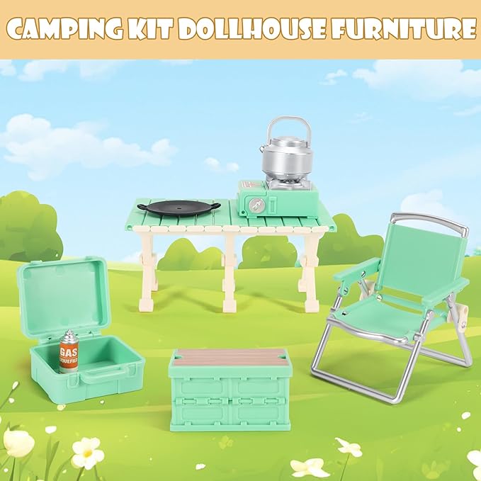 Dollhouse Furniture Set for Kids Toys Miniature Doll House Accessories Pretend Play Toys for Boys Girls & Toddlers Age 3+ with Camping (Green)