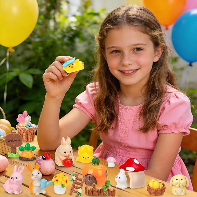 56 Pcs Easter Mini Resin Figures 56 Style Little Figures to Hide Tiny Small Bunny Chick Basket Carrot Bulk Miniature Figurines for Easter Egg Fillers Party Favors Fairy Garden Dollhouse Table Decor