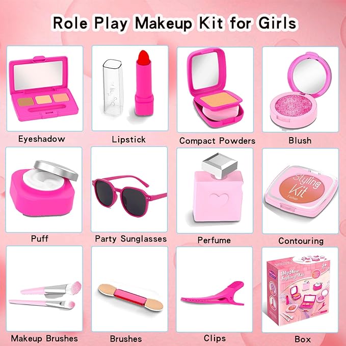 Pretend Makeup Kit for Girls - Realistic Toy Cosmetic Set with Sunglasses, Lipstick & Eyeshadow | Non-Toxic Fake Play Makeup for Kids Dress Up & Role Play for Ages 3-8