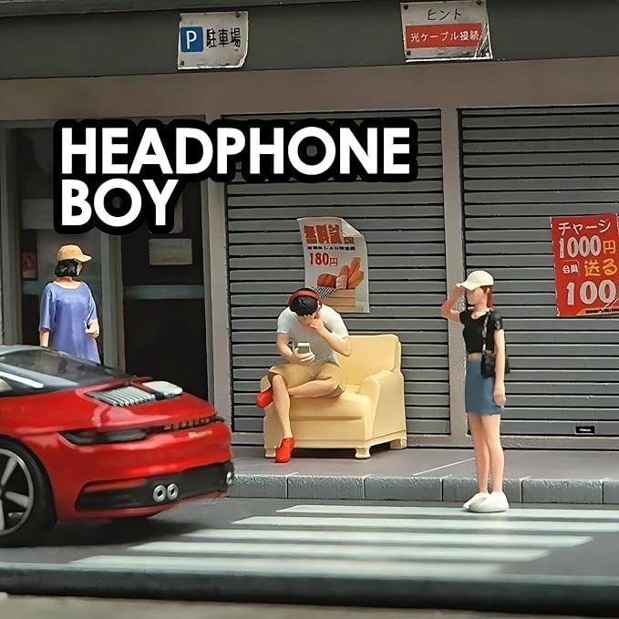 1:64 Scale Boy with Headphones Miniature Figures - Realistic Garage Scene People for Model Car Displays, Diorama Props, and Photography