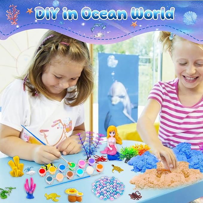 Pamonrueer Mermaid Terrarium Craft Kit with Ocean Animals Plastic Sea Animals Figurines DIY Diorama for Birthday