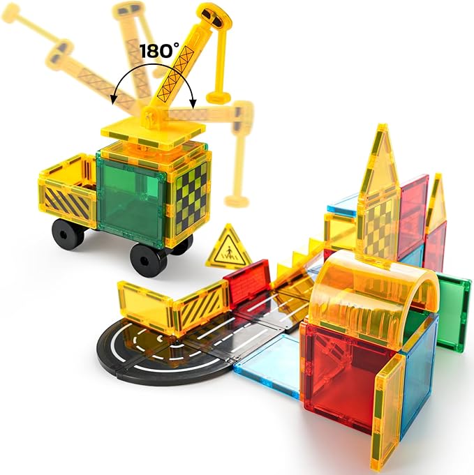 Magnetic Tiles Car Set Truck Kit Toy with Stronger Magnets, Educational Magnet Cars with Re-Enforced Hitch and Long Bed for Girls Boys Toddler Ages 3+ (50 PCS Builder)