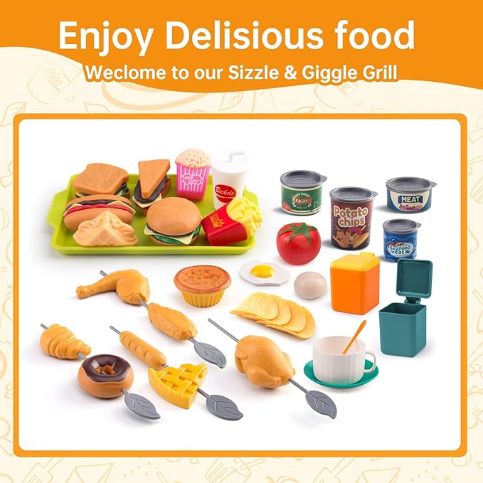 120Pcs Mini Play Kitchen Accessories, Kids Pretend Cooking Playset with Desserts, Cuttable Veggies & BBQ & Storage Basket, Educational Role-Play Gift for Toddlers, Child, Green