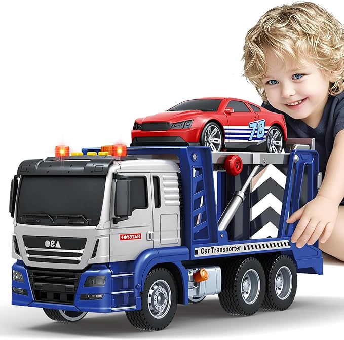 Kids Toys for 3 4 5 6 7 8 Years Old Boys, Transport Cars Carrier with Racing Car with Lights, Sounds, Toddler Friction Powered Truck Vehicle Toy for Boys Girls Christmas Birthday Gifts