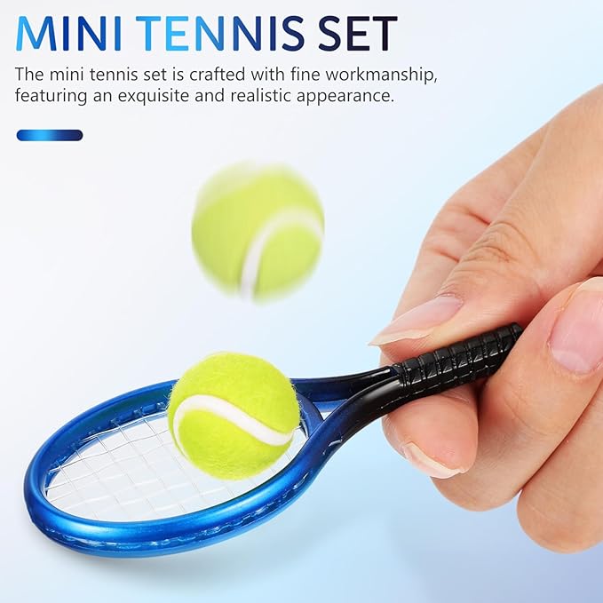Kisangel 4 Sets Mini Tennis Rackets, Baby Tennis Racket and Balls Miniature Cake Topper Decorations Keychain Kit Dollhouse Toy for Sports Equipment