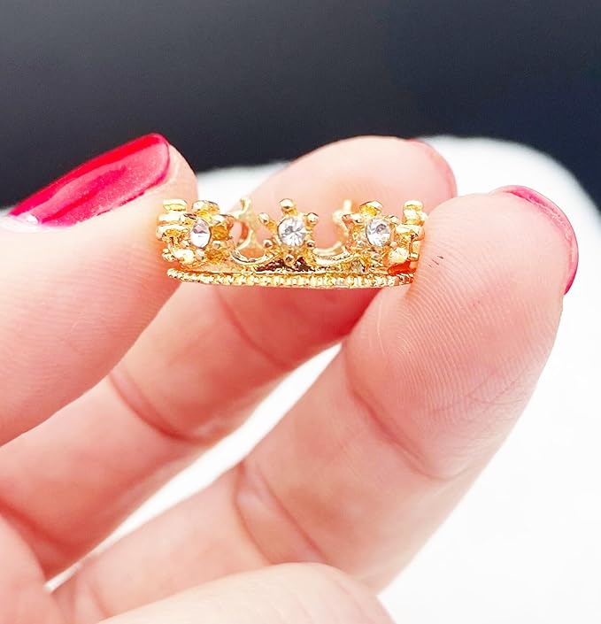 Miniature Gold Crown, Dollhouse Tiny Miniature Crown, with Diamond Rhinestones, Fairy Crown, for Fairy Tale Garden, Dollhouse Miniature, Terrarium, Diorama (5PCS)