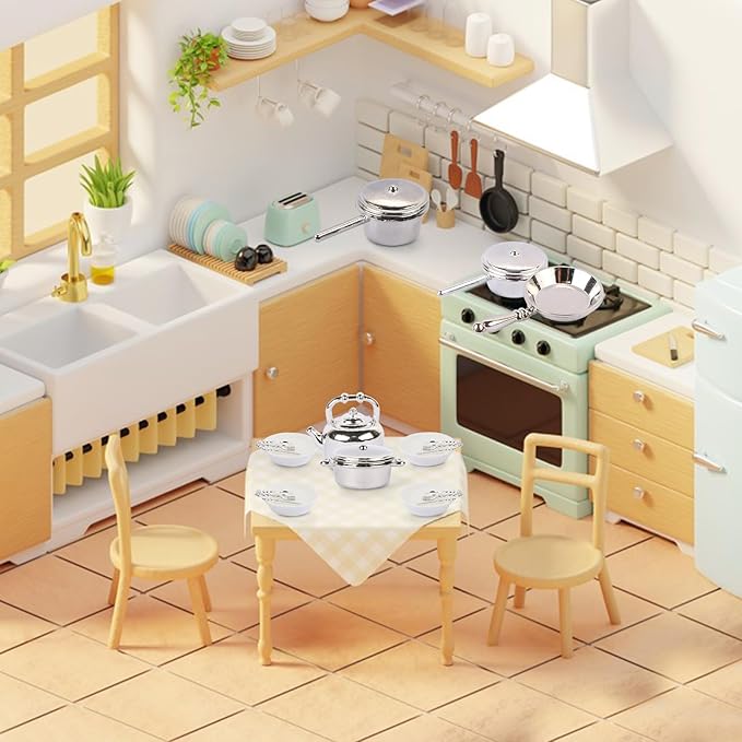 26 Pieces Dollhouse Miniatures Kitchen Set Metal Miniature Baking Set Include Mini Pots Mini Pans Plates Knife Fork Spoon for Dollhouse Party Decoration Supplies