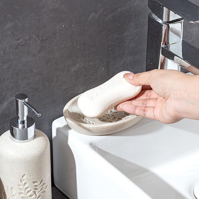 Haocoott Bathroom Accessories Set, 4 PCS Bathroom Accessory Sets with Soap Dispenser 13 OZ, Toothbrush Holder, Tumbler, Soap Dish, Bathroom Countertop Organizer, Sea Bathroom Decor (Leaf Beach)