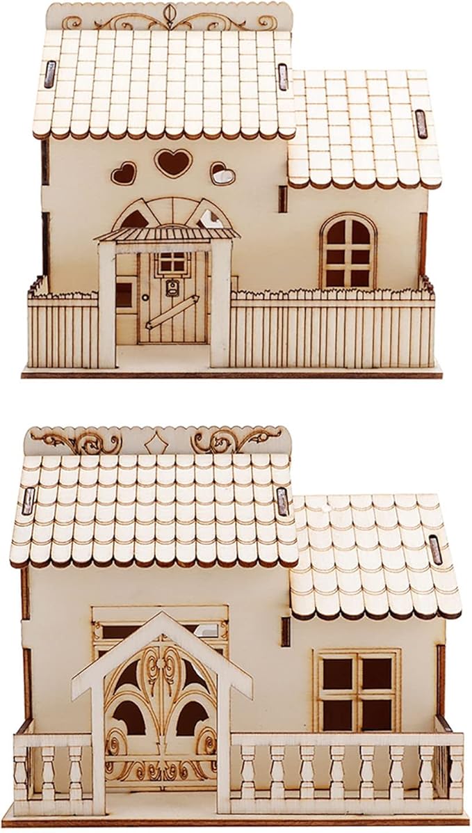 Buachois House Piggy Bank, 13 X 14 X 15cm Miniature Villa Coin Storage Box with Night Light, Wooden Money Bank House Model Dollhouse for Great Desktop Gift(#2)