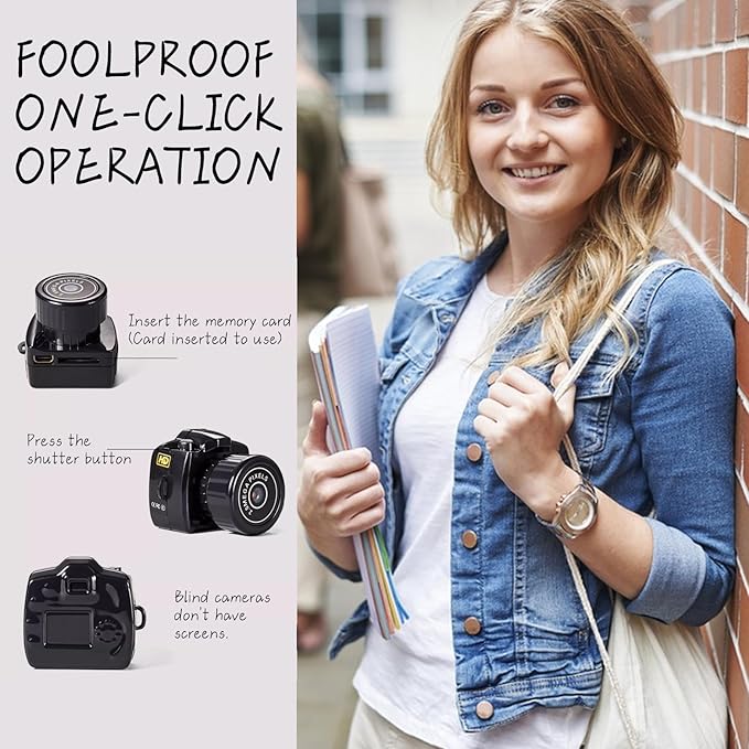Luxxii Mini Blind Camera for Kids & Adults, Y2K Aesthetic Gadget Wearable Video Recorder with 8GB Memory Card, 3-in-1 Carry Options (Lanyard, Keychain, Chain), Unique Toy Gift - Black