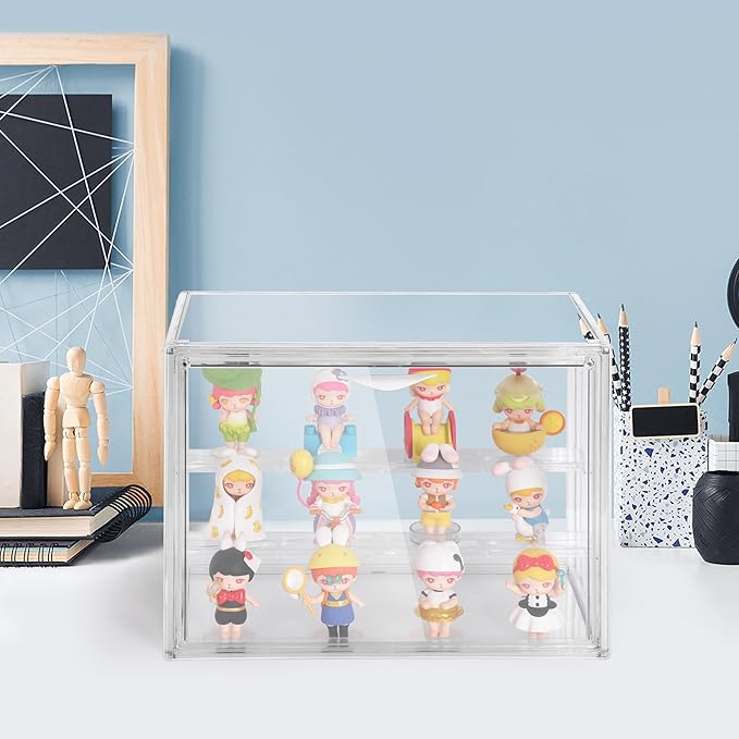Clear Acrylic Display Case, 3 Tier Acrylic Blind Box for Figures, Dustproof Storage Organizer with Magnetic Door for Action Figures, Stackable Collectibiles Showcase for Doll Toy Car Model