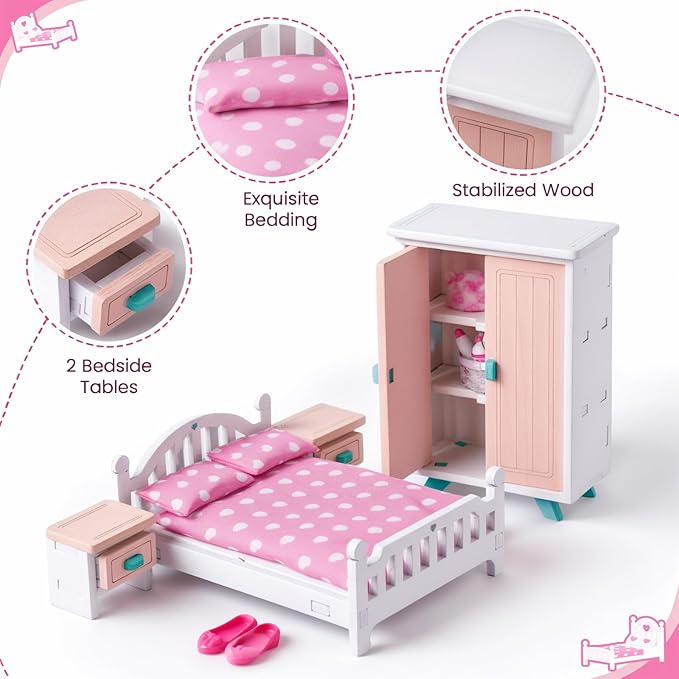 BABESIDE Mini Dollhouse Bedroom Furniture Set,7 PCS Pink Wooden Doll House Accessories for 3 Inch Dolls with Bed, Nightstands, Wardrobe, Pillows & Mattress – Gift for Girls, Kids Miniature Room Toy